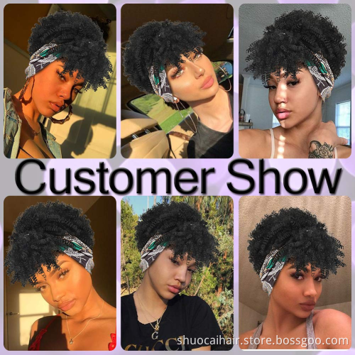 SC Hot Selling Curly Wigs for Black Women Short Afro Kinky Curly Headbands Cheap Scarf Wig Turban Drawstring Afro High Puff